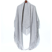 PK18CH008 100% cashmere knit poncho triangle shawl tassel fringe poncho